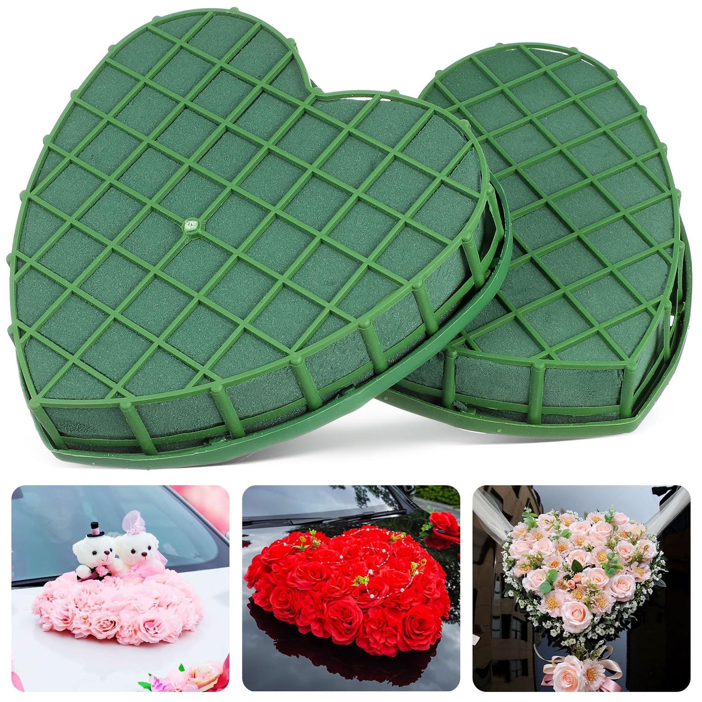 2Pcs Heart Shaped Floral Foam Cage with Suction Cup, Wet Dry for Wedding Car Decoration, Fresh Artificial Flower Arrangement Mud Block Base