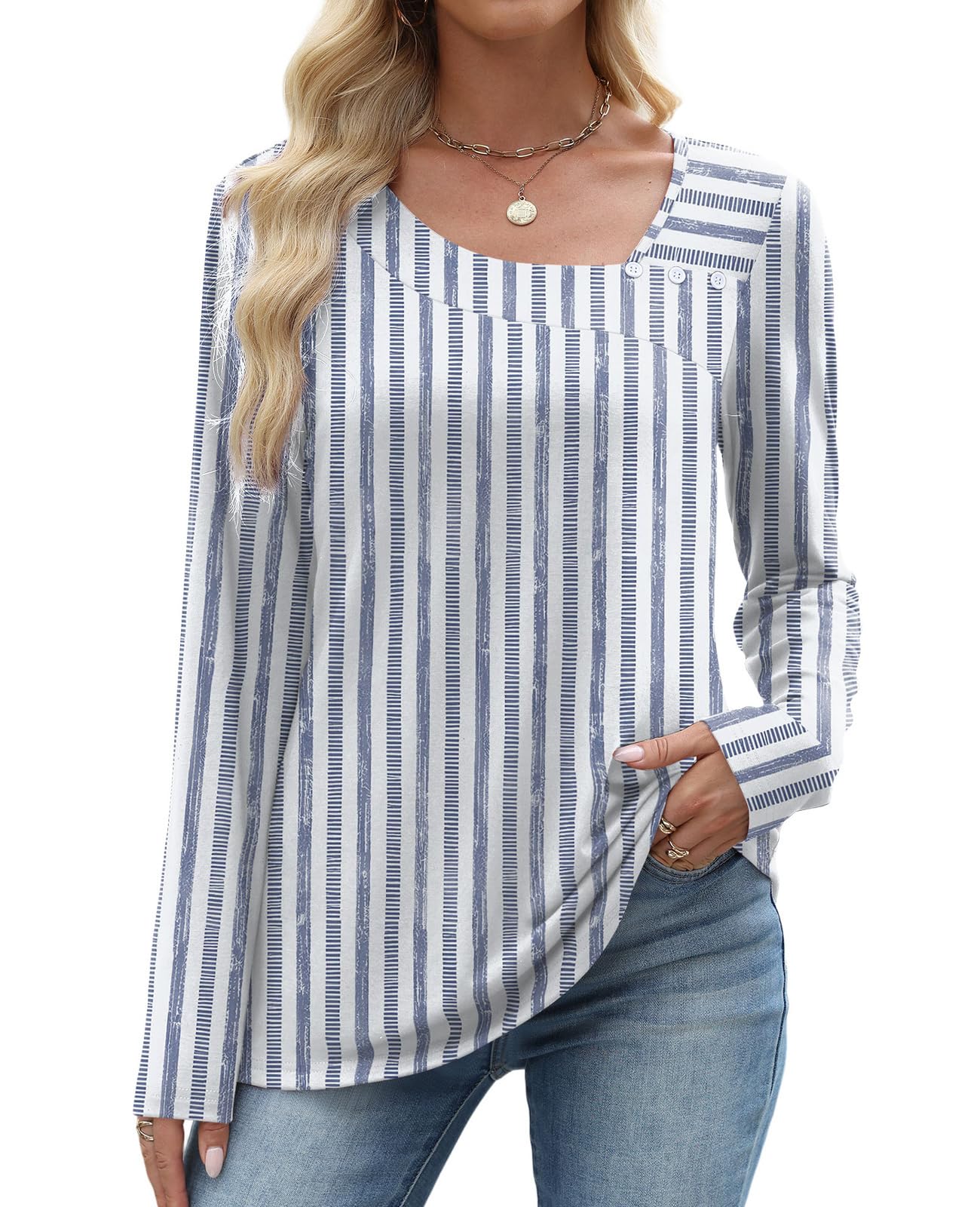 OFEEFAN Long Sleeve Shirts for Women Fall Clothes Asymmetric Square Neck Tunic Tops Decorative Buttons