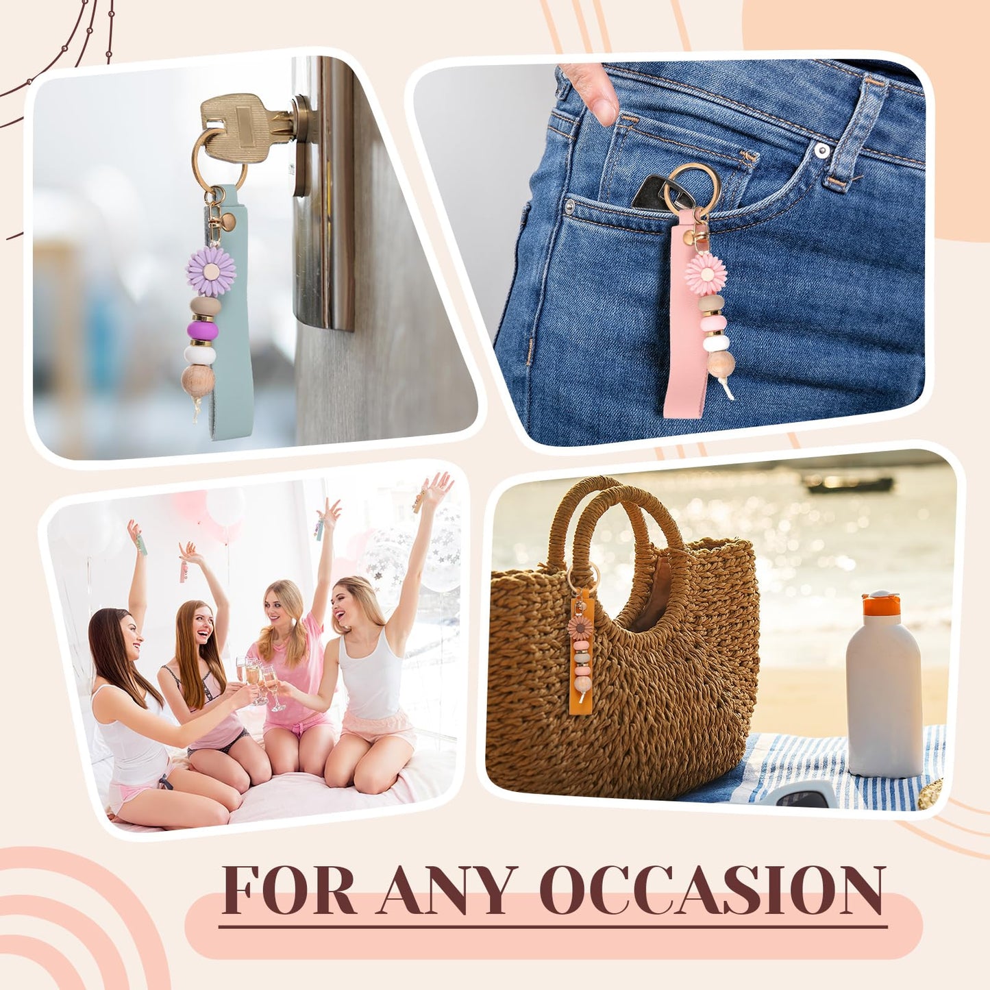 Wavyknot 12 Set Daisy and PU Leather Beadable Keychain Bars Bulk Laser Engraving Blanks Keychain Kit for DIY Crafts Jewelry (Pastel, Rectangle)