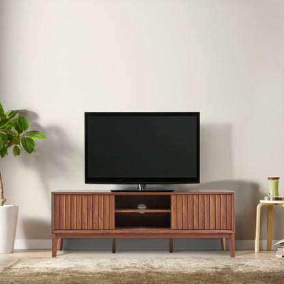 JONATHAN Y Gennaro 58" Mid-Century Wood TV Stand Media Console with Slatted Sliding Doors, Entertainment Center for Living Room with Adjustable Shelves and Cable Management, Walnut TVS1000B