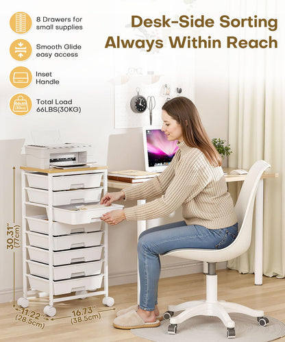Homde Rolling Storage Drawer Cart: 8-Drawer Sort to Clear Desk & Dresser Clutter - Anti-Fall Smooth Glide Prevents Spill-Out During Daily Grab - Lockable Wheels Keep It Steady