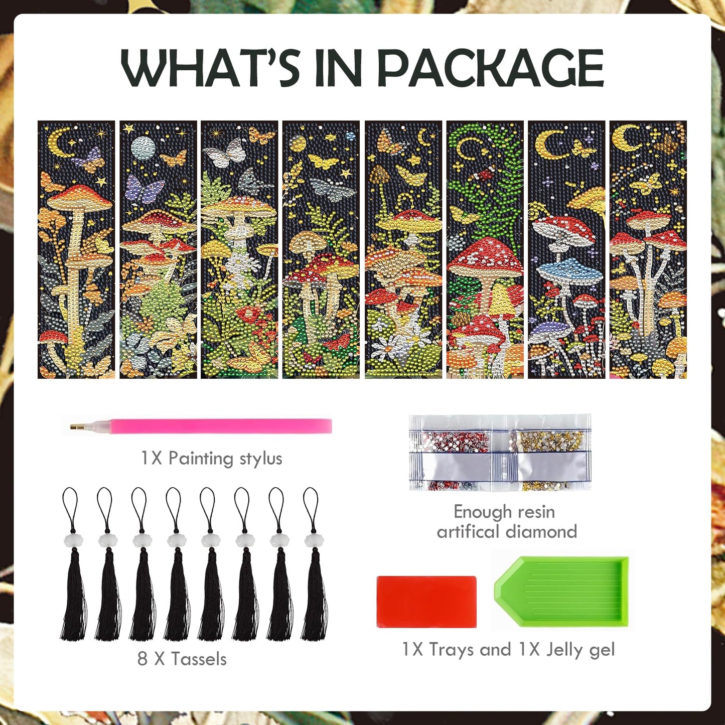 INCOK Mushroom Diamond Art Bookmarks - 8 PCS DIY Diamond Painting Bookmarks Kits Flower Butterfly Art Craft Supplies Birthday Mothers Day Gift for Mom Grandma Reading Lover Beginners Teacher Adults