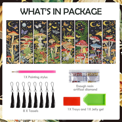 INCOK Mushroom Diamond Art Bookmarks - 8 PCS DIY Diamond Painting Bookmarks Kits Flower Butterfly Art Craft Supplies Birthday Mothers Day Gift for Mom Grandma Reading Lover Beginners Teacher Adults