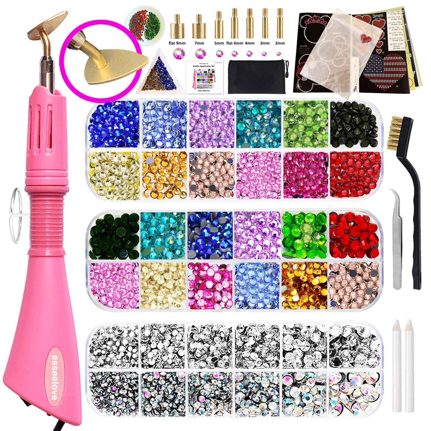 esseelove Bedazzler Kit with Rhinestones, Hotfix Applicator, DIY Hot Fix Rhinestone Setter, Hot Fixed Bedazzling Kit, 3560 Pcs, Crystal AB, Clear, 14 Colors, Tweezers, Gem Picker, Brush, Trays, Bag