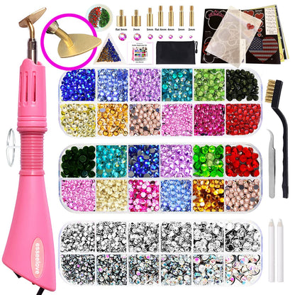 esseelove Bedazzler Kit with Rhinestones, Hotfix Applicator, DIY Hot Fix Rhinestone Setter, Hot Fixed Bedazzling Kit, 3560 Pcs, Crystal AB, Clear, 14 Colors, Tweezers, Gem Picker, Brush, Trays, Bag