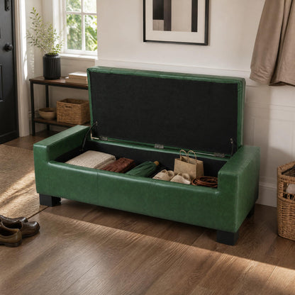 Christopher Knight Home Vance Tufted Storage Ottoman Bench, PU Upholstered Ottoman with Storage, Modern Bedroom End of Bed Bench with Storage, Comfy Living Room Sofa Extra Seat, Green+Black