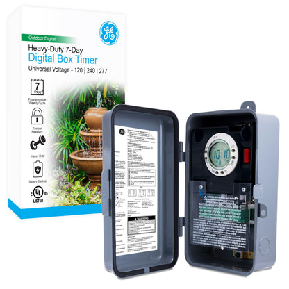 GE 7-Day Digital Pool Timer, 2HP 40A Load Capacity Pump Switch, Outdoor NEMA 3R-Rated Box, Universal Voltage Replacement, Water Heater Control, Tamper Resistant Metal, 46537