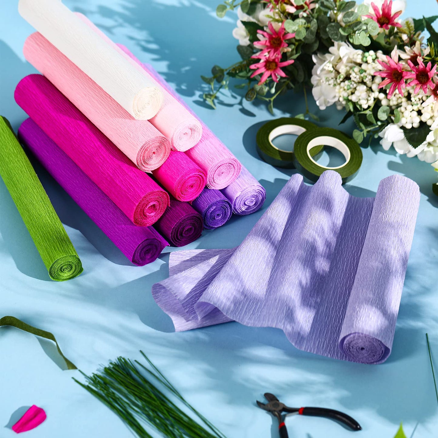 Leinuosen 115 Pcs Crepe Paper Flower DIY Kits 12 Rolls 10 x 98 Inch Crepe Paper Rolls Sheets 100 Floral Iron Wire 1 Wire Cutter 2 Tapes for Birthday Party Wedding Wreath Flower Making(Elegant Colors)