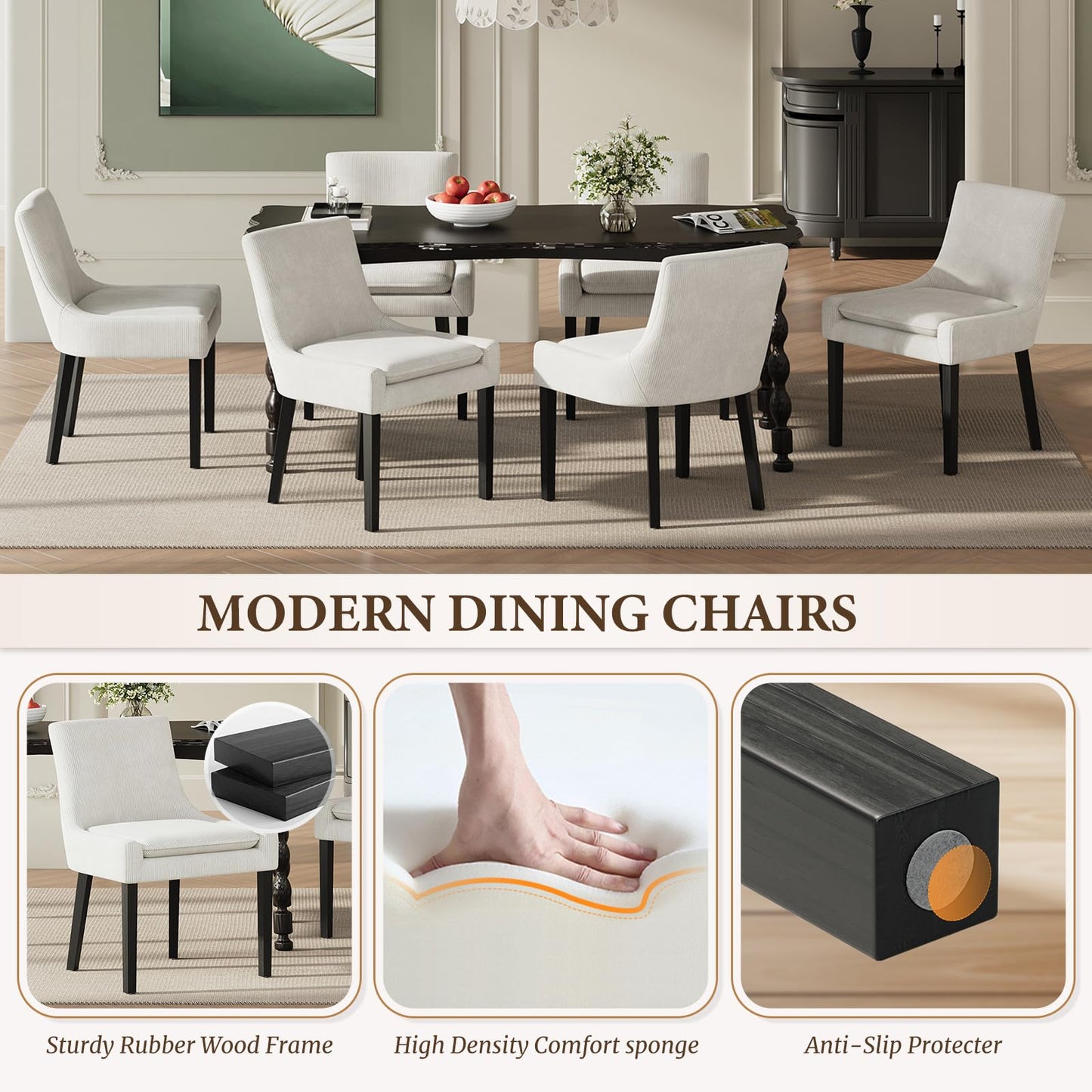 MALOL Dining Chairs Set of 4, Upholstered Corduroy Dining Room Chair with Wood Legs, Mid-Back Padded Kitchen Side Chairs for Dining Room, Beige