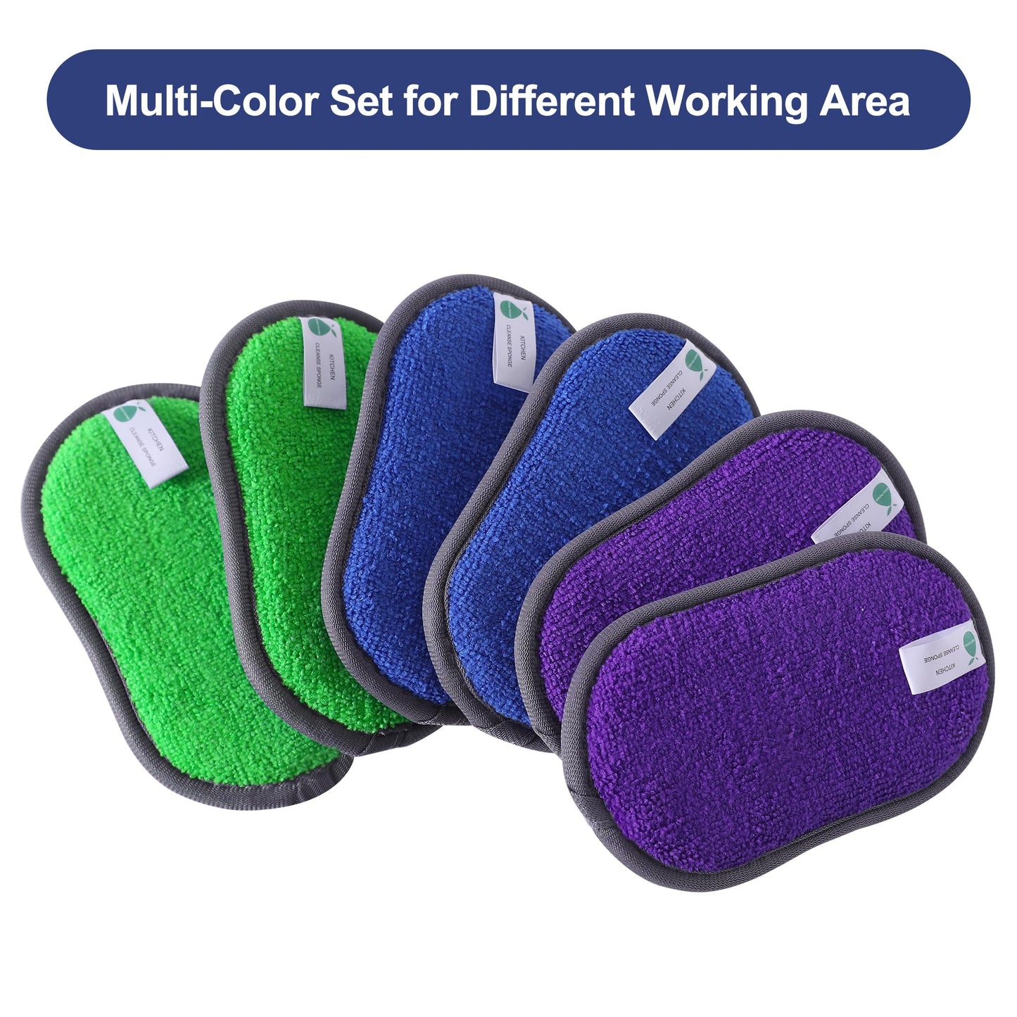 Multipurpose Sponges Kitchen,6 Pack Reusable Non-Scratch Scrub Sponge,Rough Scrubbers Side for Pots and Pans,Soft Microfiber Scrub Side for Washing Dishes