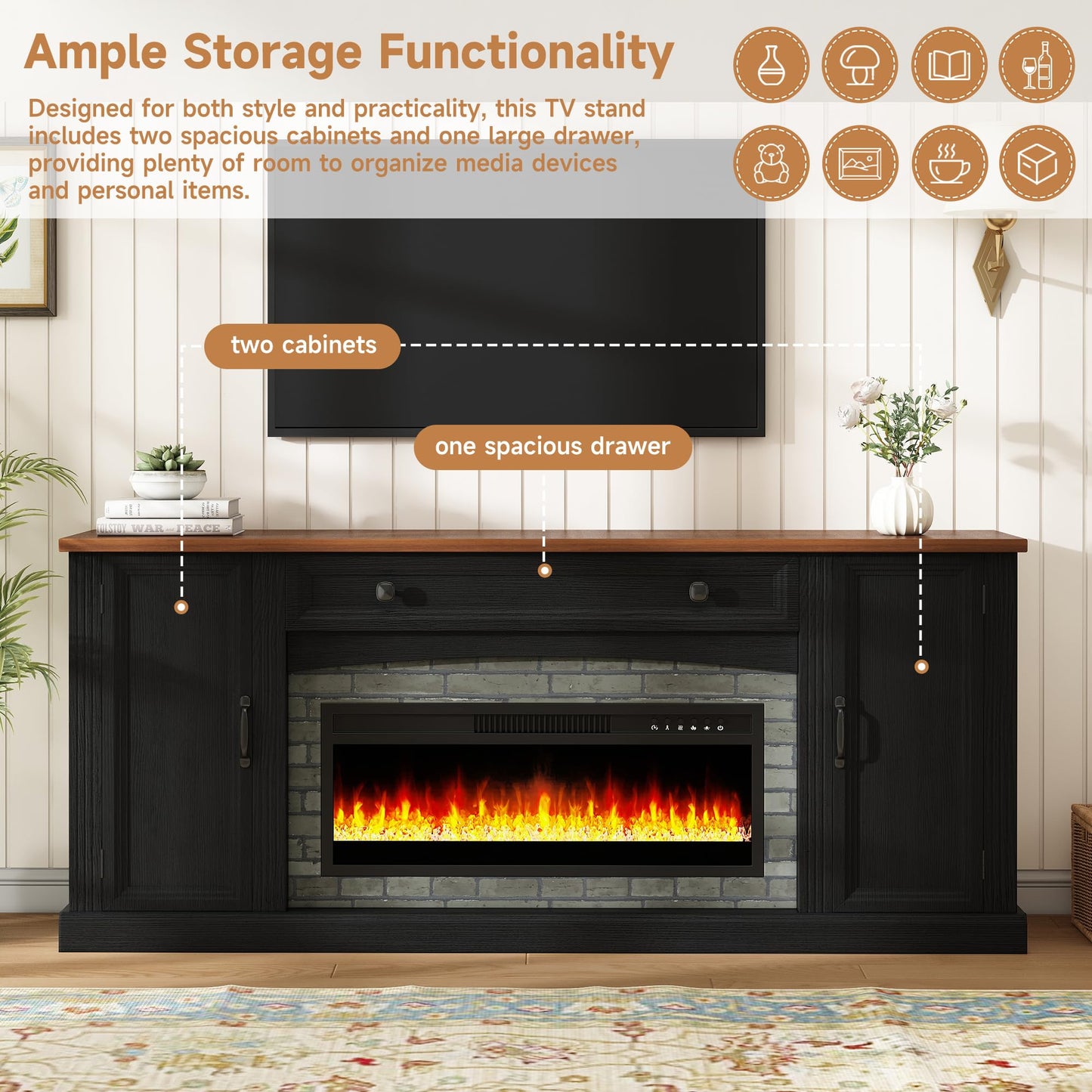 Merax Electric Fireplace TV Stand with Storage, Farmhouse Entertainment Center for Living Room, Heater Unit with Adjustable Shelves & Cable Management, MDF Wood Media Console Table, Black
