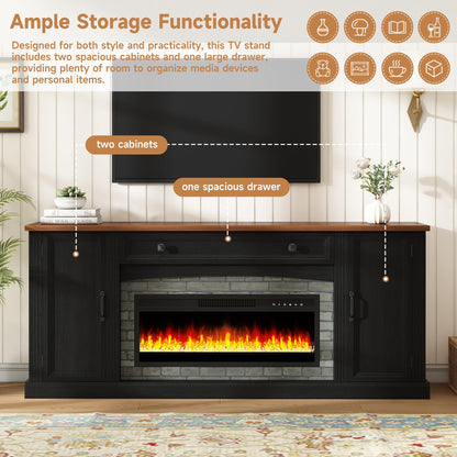 Merax Electric Fireplace TV Stand with Storage, Farmhouse Entertainment Center for Living Room, Heater Unit with Adjustable Shelves & Cable Management, MDF Wood Media Console Table, Black