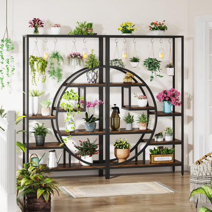 Tribesigns 7 Tier Indoor Plant Stand, 70.9" Tall Half Moon Shaped Plant Shelf with 6PC S Hanging Hooks, Industrial Large Flower Pots Display Rack for Home Garden, Balcony, Patio (Brown-2PC)