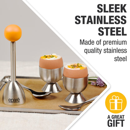 Eparé Bundle: Egg Cracker Topper Set & Salt or Pepper Grinder - Complete Soft Boiled Egg Tool Set & Battery Operated Ceramic Burr Stainless Steel Peppermill