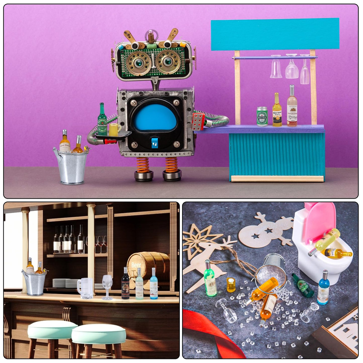 HSJH 71 Pcs Miniature Ice Cubes Beer Bottles and Mini Drink Soda Pop Cans House Accessories for Fairy Garden Pub Bar Cake Decoration 1/12 Doll House Barrel Pretend Play DIY Party Toys Red Wine