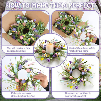 6 Pcs Easter Small Candle Rings Wreaths Mini Pillar Candle Holder Wreath with Eggs and Flowers Artificial Spring Yellow Berries Wreath for Home Kitchen Front Door Window Porch Wall Table Cnterpieces