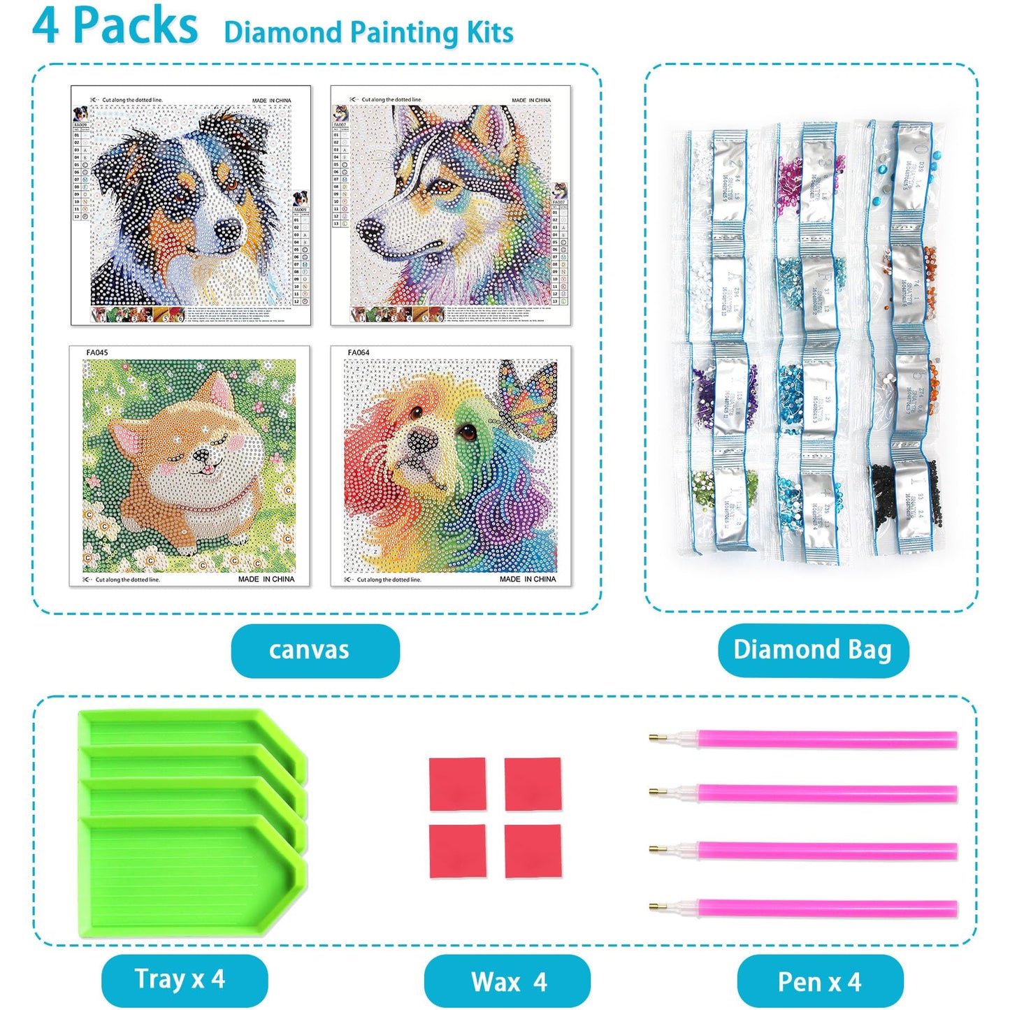 UiSdfuy Diamond Art Kits for Kids,Arts & Crafts for Kid Ages 8-12,Diamond Art for Kids,Gem Art 4 Pack Diamond Painting 6" X 6" (4-Dog)
