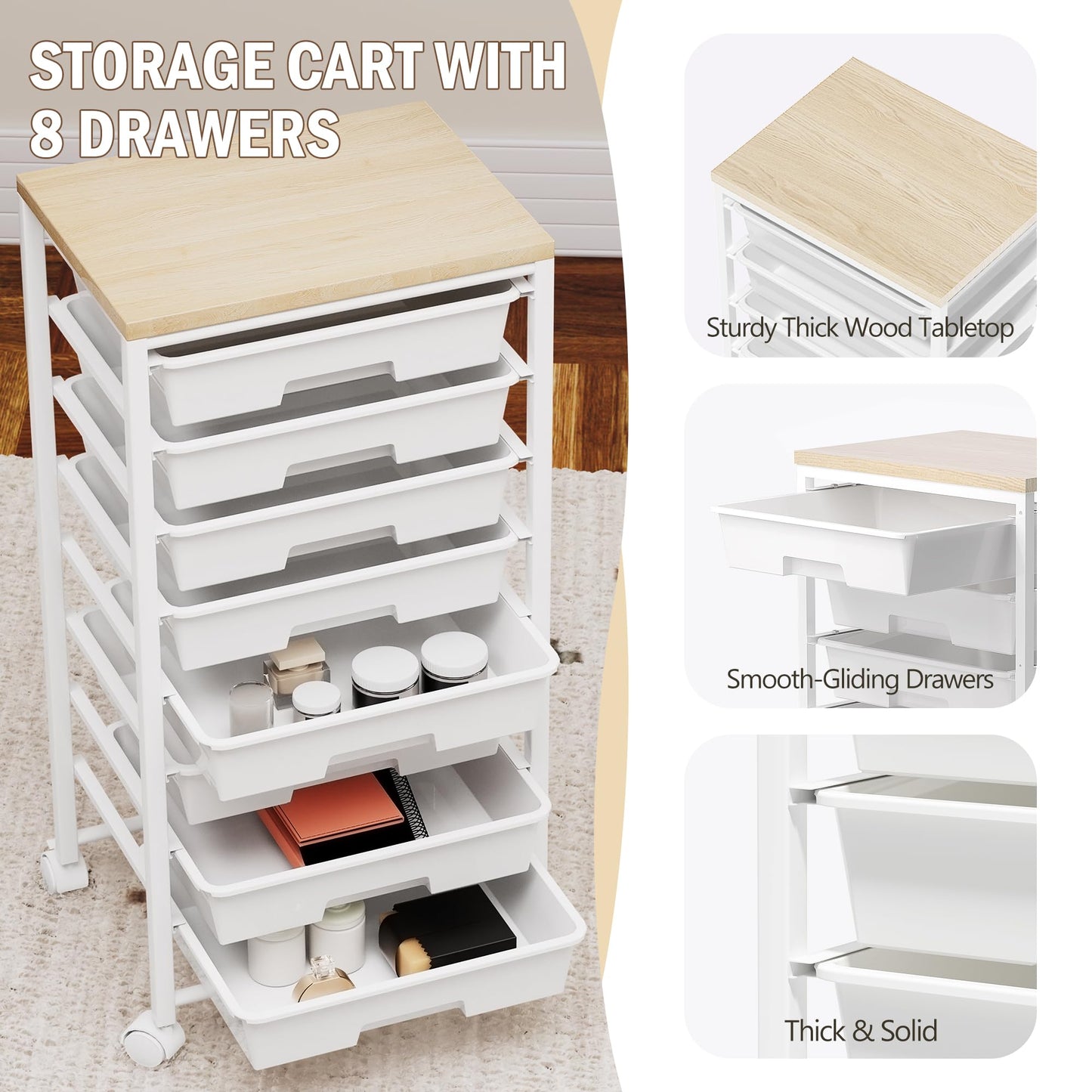 Rolling Cart with 8 Drawers, Storage Drawers Cart with Wooden Tabletop and Lockable Wheels, Craft Storage for Living Room, Office, Classroom, Craft Room, Bedroom