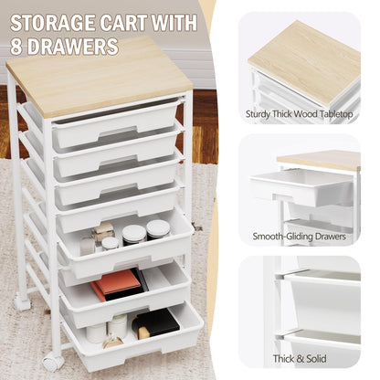 Rolling Cart with 8 Drawers, Storage Drawers Cart with Wooden Tabletop and Lockable Wheels, Craft Storage for Living Room, Office, Classroom, Craft Room, Bedroom