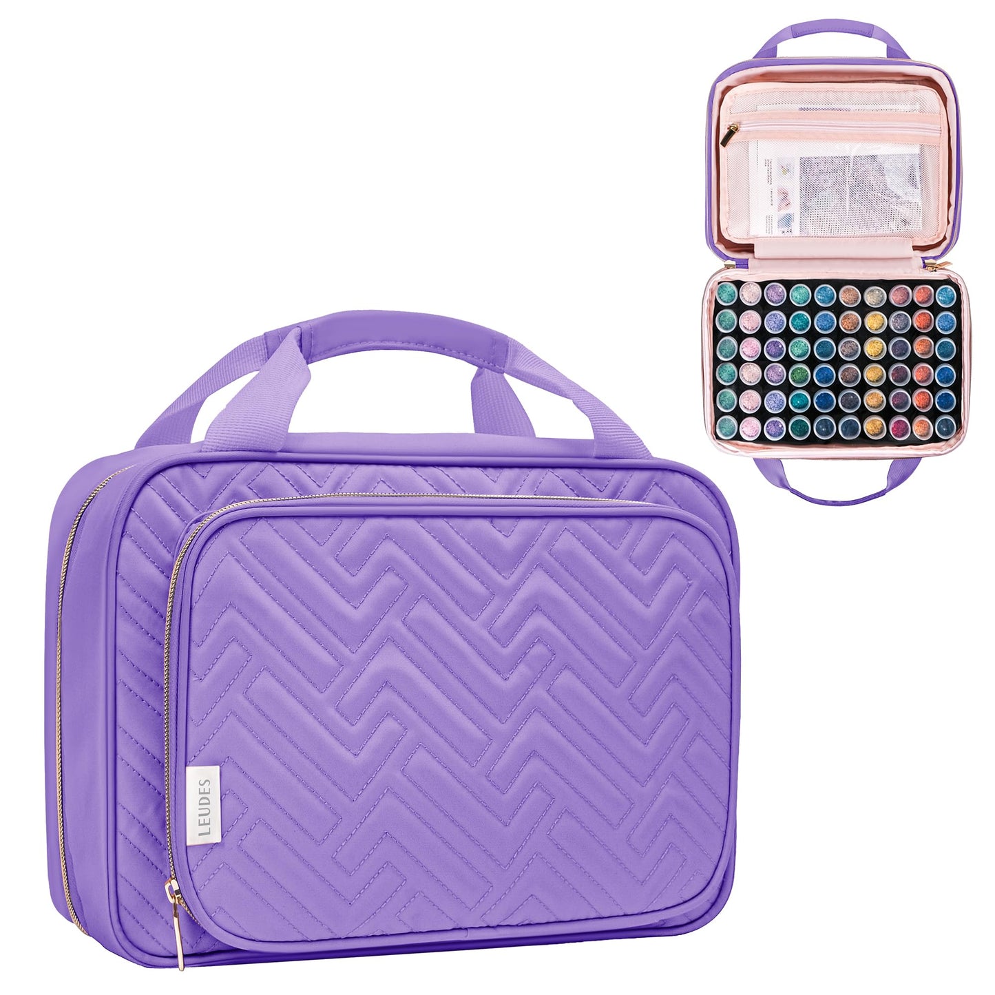 Leudes Diamond Painting Storage Containers, 60 Slots Bead Storage Box for Diamond Art Kits Accessories Organizer Case (Only Bottles and Bag) (Purple-1(60 Jars))