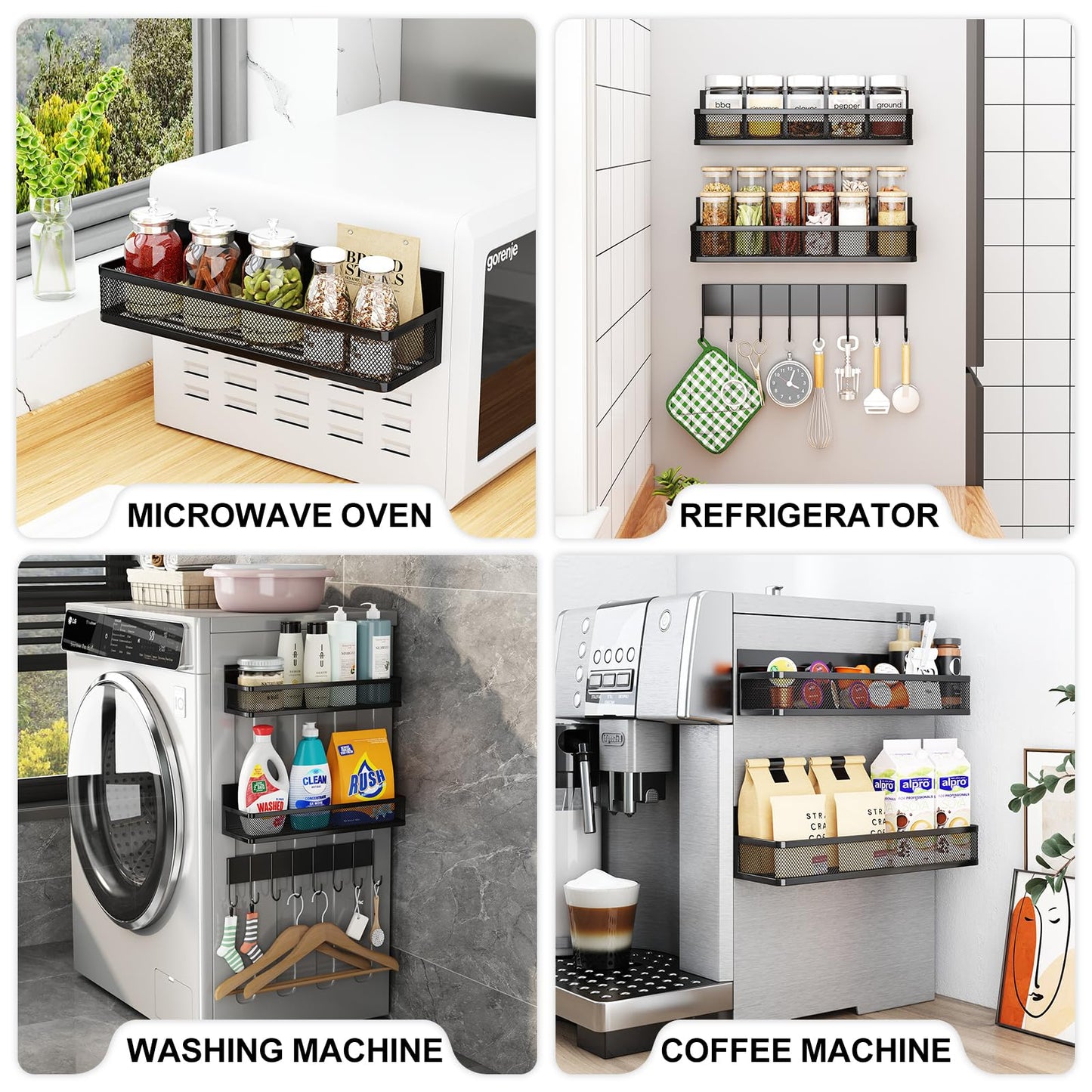 Magnetic Spice Rack for Refrigerator, 4 Pack Magnetic Shelf, Fridge Magnet Organizer with Moveable 8 Hooks, Magnetic Fridge Shelf for Kitchen Organization and Storage (4 Pack)