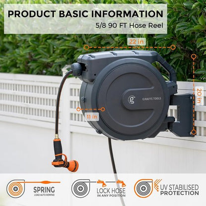 Giraffe Tools Retractable Garden Hose Reel - 90 Ft Wall-Mounted with 180° Swivel Bracket & 9 Pattern Nozzle