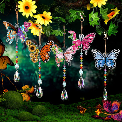 Tradder 6 Pcs Butterfly Diamond Art Wind Chimes Kits, Summer Tree Decor 5d Diamond Art Painting Ornaments with Crystal Pendant Garden Decor, Butterfly Kit, Keychains Crafts for Adults