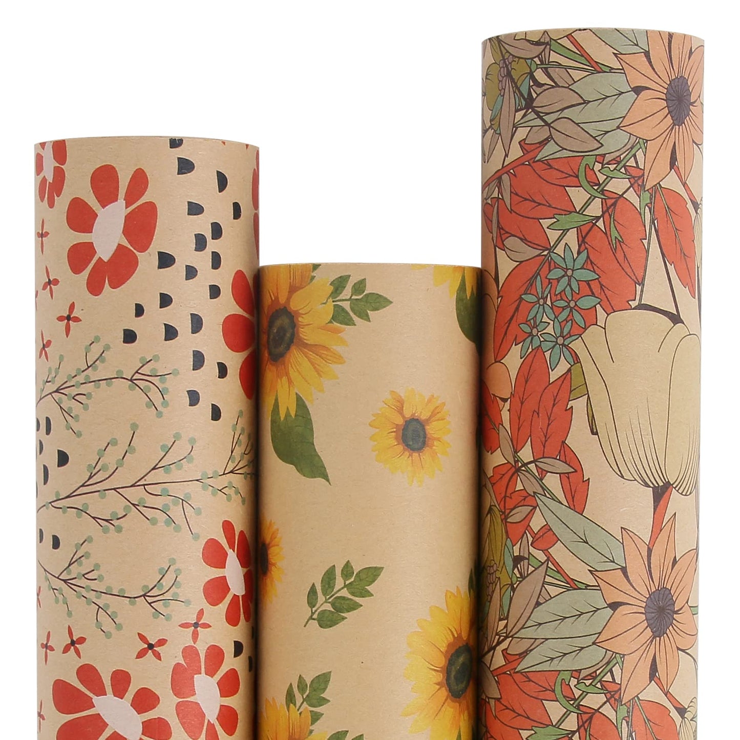 Aimyoo Kraft Floral Wrapping Paper Bundle, Vintage Spring Flowers Rose Gift Wrap Paper for Wedding Bridal Shower Birthday, 3 Rolls 17 in x 10 ft per Roll