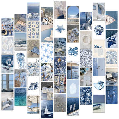 FYSUIMU 50Pcs Coastal Wall Collage Kit Art Print Aesthetic Blue Coastal Beach Surf Wall Decor for Bedroom Dorm Preppy Room Home Decor, 4 x 6 Inch