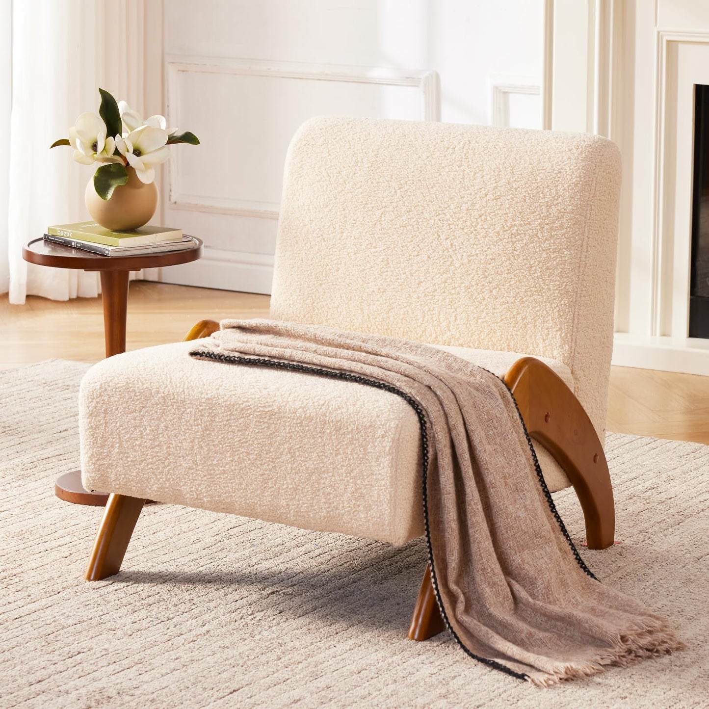 MILCIL Oversized Accent Chair, upholstered armless mid Century Modern Living Room Chair with Wooden Legs for Bedroom/Office/Cafe, Sherpa Beige