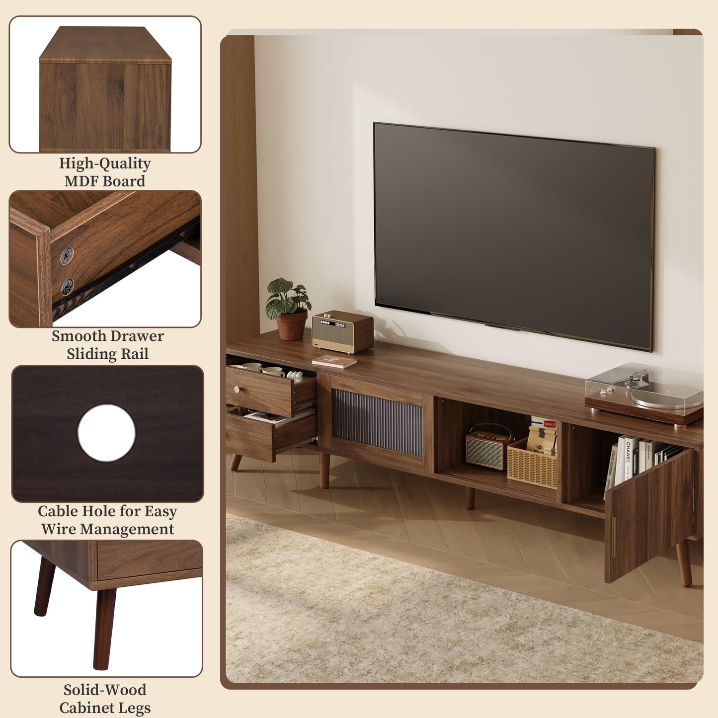 Merax Modern 76 Inch TV Stand for 85 Inch TV, Wood Grain Media Console with Glass Doors, Storage Cabinets & Drawers, Entertainment Center for Living Room Bedroom