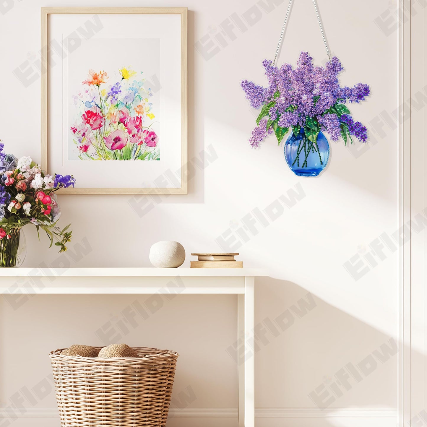 Eiflow DIY Hanging Diamond Art Kit Violet Flower, Acrylic Diamonds Painting Pendant Board Kit Flower, 5D Gem Art Ornament Kit for Adults, Double Sided