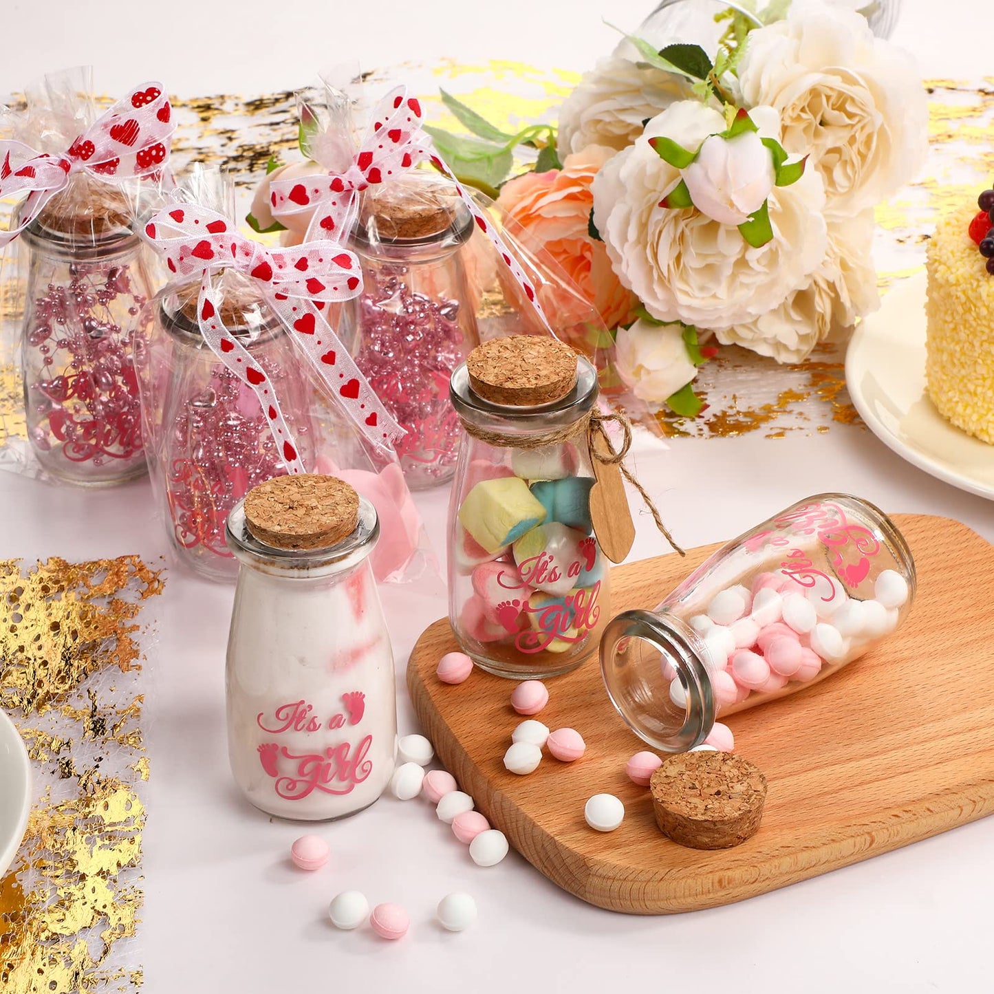 Sieral 48 Pcs 3.4 oz Small Glass Bottles Favor Jars with Cork Lids Baby Shower Decorative Milk Jar for Party Candy Decorations Souvenirs (It's a Girl)