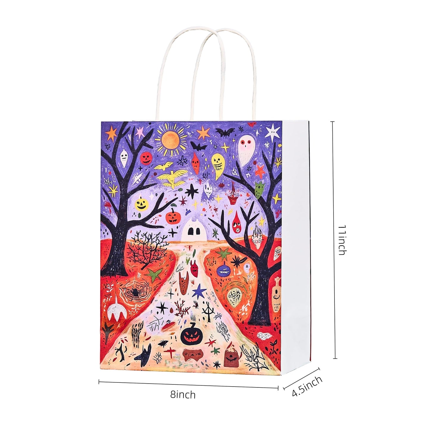 Halloween Paper Bags 8x4.5x11 Inch, Spooky Pumpkin Ghost Bat Design, Trick or Treat Goodie Bags for Party (8-Pack)