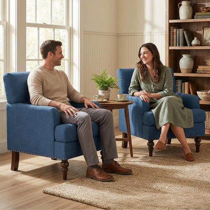 MALOL Upholstered Accent Chair Set of 2, Comfy Reading Chair for Living Room, Mid Century Modern Armchair with Thick Cushion & Solid Rubberwood Legs, for Bedroom/Small Spaces, Blue
