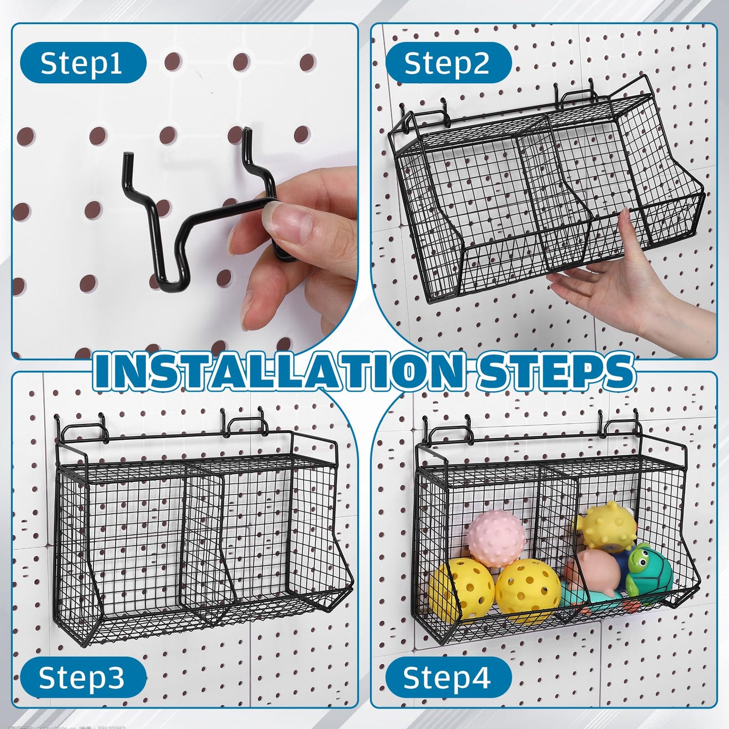 Huwena 2 Pcs Tiered Pegboard Baskets Bins Set with 4 Hooks Black Pegboard Parts Storage System Metal Garage Tool Organizer for Workbench Bathroom Kitchen Accessory Storage(2 Grid,Black)