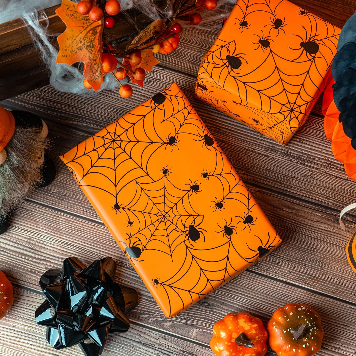 WRAPAHOLIC Halloween Reversible Wrapping Paper Roll - Mini Roll - 17 Inch X 33 Feet - Spider Design, Perfect for Halloween Decorations, Holiday, Party (Pack of 2)