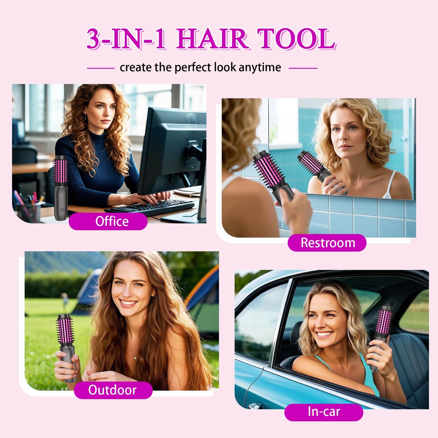 Cordless Hair Curling Iron Brush, Travel Curl Brush, 3-in-1 Portable Curling Iron Cordless, Plasma Thermal Hair Brush, 7000mAh USB Rechargeable Curlings Wand, Mini Hot Curlings Brush-Blush Pink