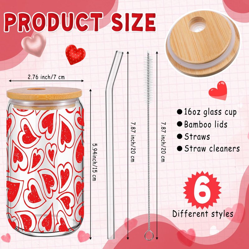 Qinyoung 6 Pcs Valentine's Day Glass Cups with Bamboo Lids and Glass Straws, 16 oz Red Heart Drinking Glasses Set, Reusable Love Iced Coffee Glasses for Galentine's Party Romantic Gifts (Valentines)