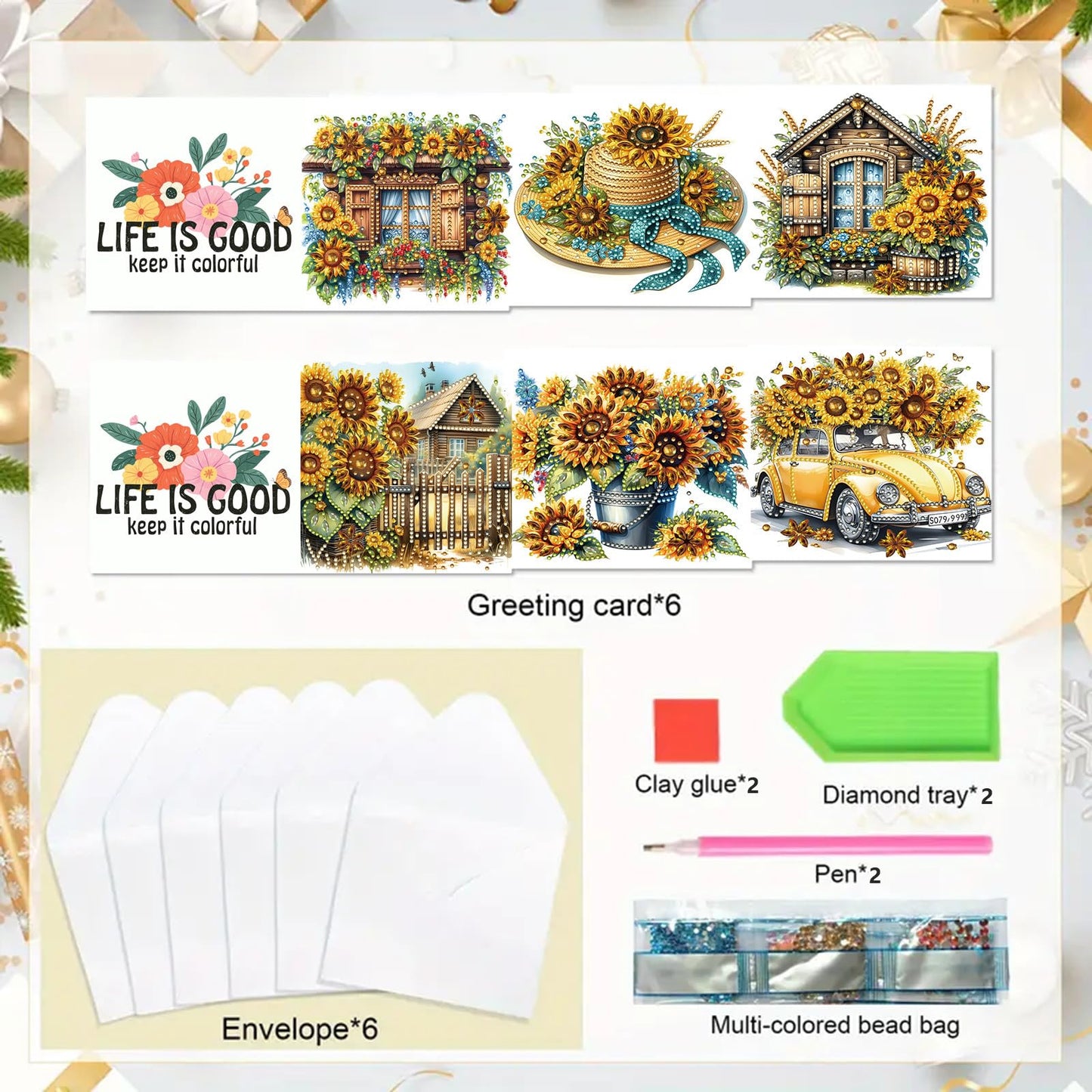 6 Packs DIY Diamond Art Cards with Envelopes, DIY Diamond Art Painting Greeting Cards Happy Birthday Holiday Card Kits Present-03-Sunflower