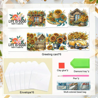 6 Packs DIY Diamond Art Cards with Envelopes, DIY Diamond Art Painting Greeting Cards Happy Birthday Holiday Card Kits Present-03-Sunflower