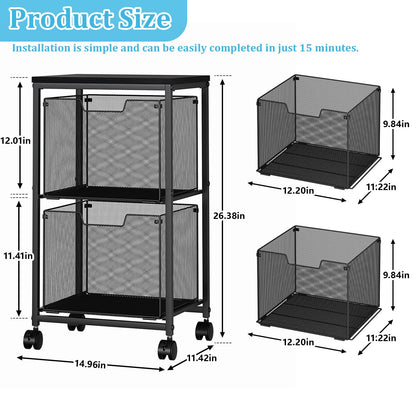 Sbanmao Rolling File Cart with 2 Storage Drawers, Mobile File Cabinet with Wheels, Hanging File Folder Organizer, Under Desk Storage, Printer Stand Utility Cart Filing Cabinet for Home Office,Black