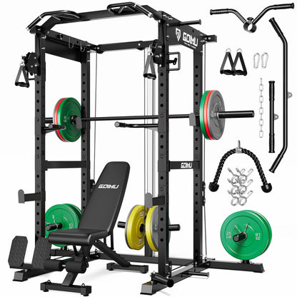GOIMU RH01 Power Cage Rack, 2000LBS Squat Rack with with Cable Crossover System&LAT Pull Down System, Multi-Function Workout Cage for Home&Garage Gym (Black, RH01 Power Cage with 290LB C Weights)