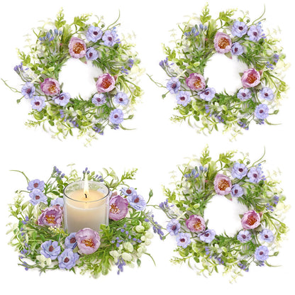KHOYIME Floral Candle Rings Wreath 4PCS Small Spring Summer Purple Artificial Flowers Greenery Wreaths for Pillars, Mini Candle Holder Kitchen Cabinets Table Centerpieces Wedding Party Farmhouse Decor