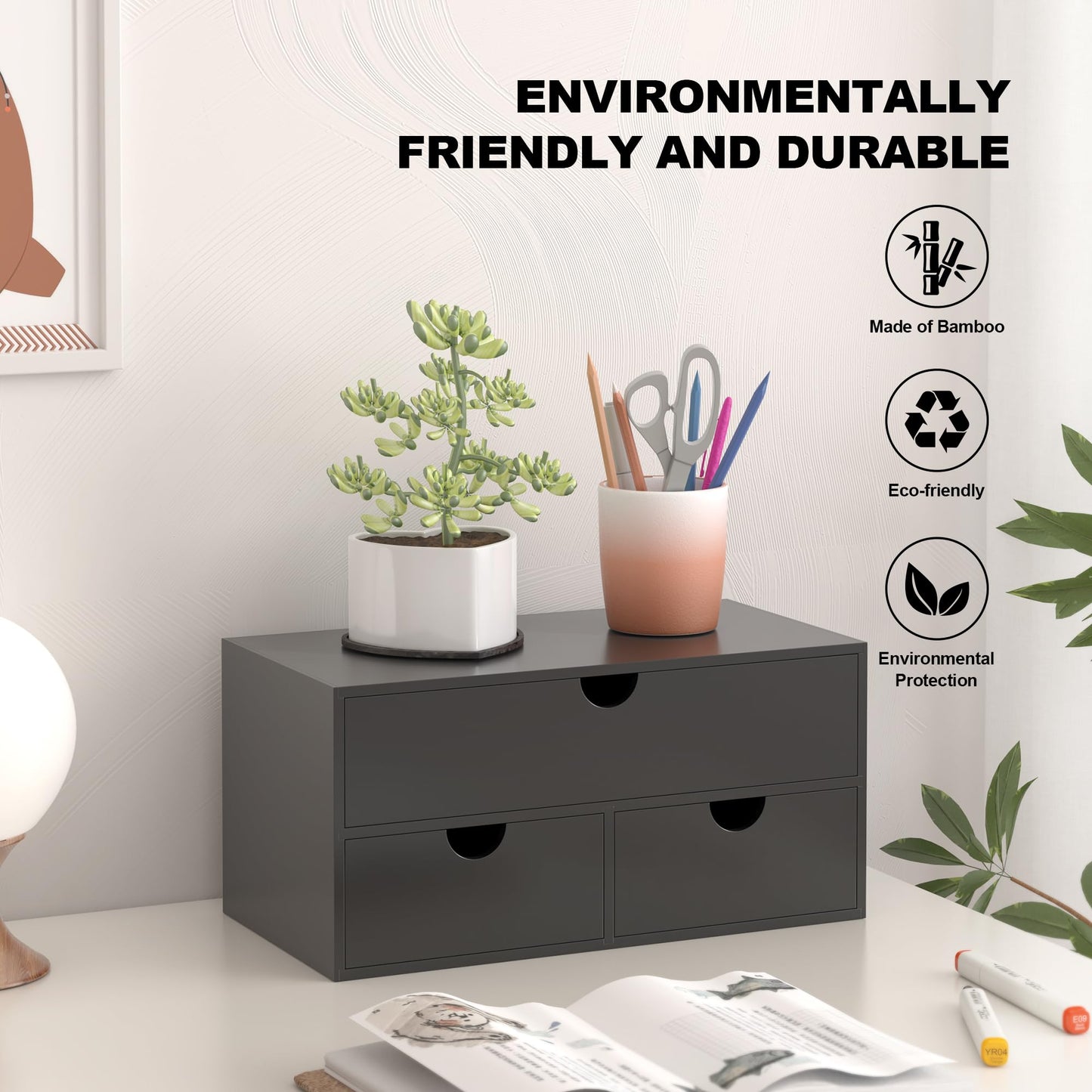 Bamboo Desk Organizer with Drawers Desktop Storage Drawers for Bills Office Supplies Kitchen Utensils Organizing Tool for Home Classroom Organization No Assembly (Black)