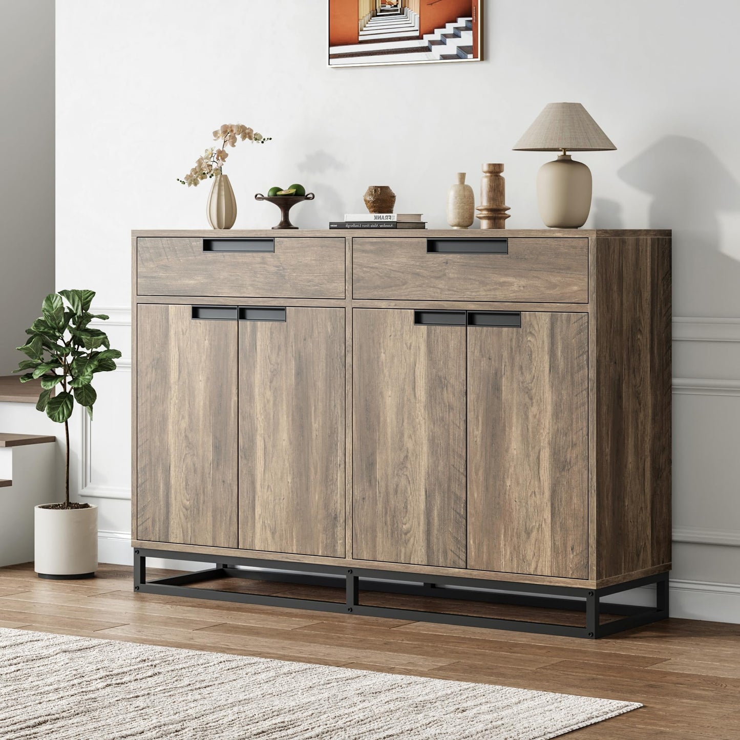 GarveeHome Sideboard Buffet Cabinet, 55-Inch Large Modern Kitchen Accent Storage Cabinet with 2 Drawers and 4 Doors, Coffee Bar Buffet Table for Kitchen and Dining Room (Retro)