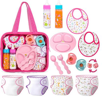 My Sweet Baby 13-Piece Doll Feeding & Diaper Bag Set – Disappearing Milk Bottles, Bibs, Pacifiers, Diapers & Accessories Set – Pretend Play Baby Doll Care Kit for Girls – Fits 12–18″ Dolls
