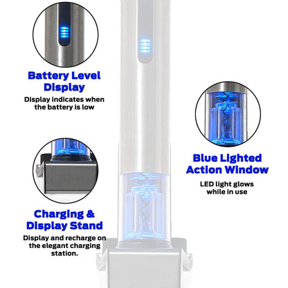 Wine Enthusiast 2-in-1 Electric Blue Automatic Wine Bottle Opener and Preserver Set – Fully Electric Corkscrew with Charging Station – Seal Bottle with Vacuum Stopper (7 Piece Set)