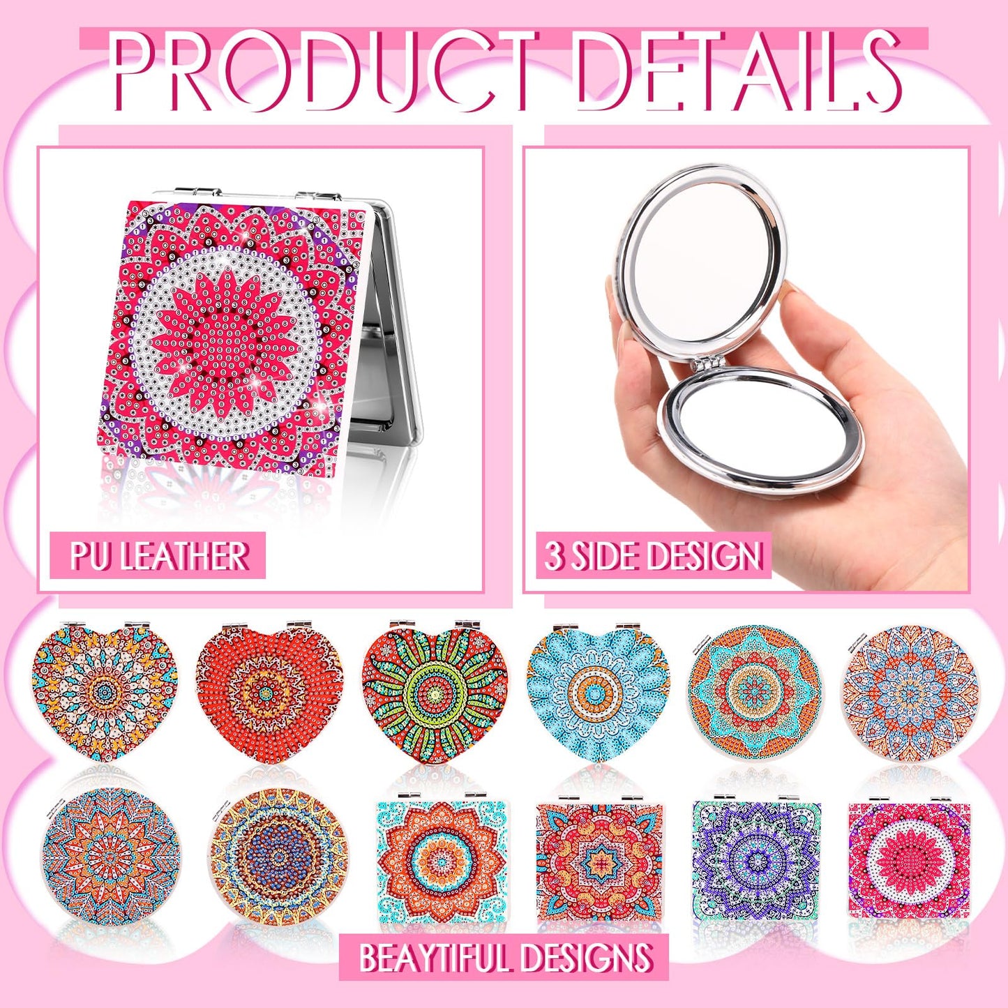 Geetery 12 Pcs Painting Compact Mini Mirror DIY Painting Portable Folding Handheld Makeup Purse Mirror Diamond Art Gift Set for Women