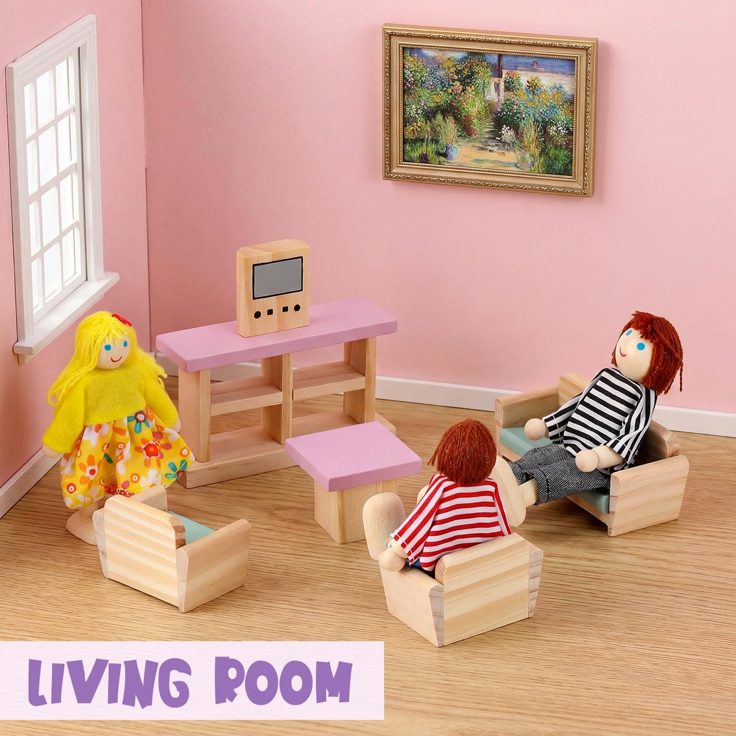 Sumind 35 Pcs Wooden Dollhouse Furniture Set with 8 Family Figures, 1:12 Scale Miniature Dolls House Accessories for Kitchen, Bedroom & Bathroom, Montessori Educational Toy Gift for Girls and Boys